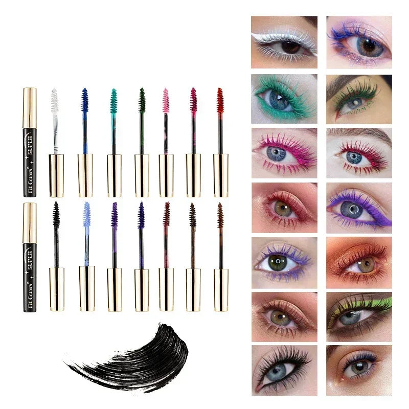 Color Mascara 14 Thick Curl Waterproof Non-smudding Natural Long Lasting Blue White Green Pink Black Eye Makeup