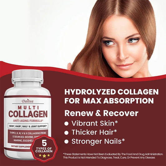Multi-Collagen Peptides Powder with Collagen Types I, II, III, V and X, Hair, Nails and Joint Support, Anti-Aging