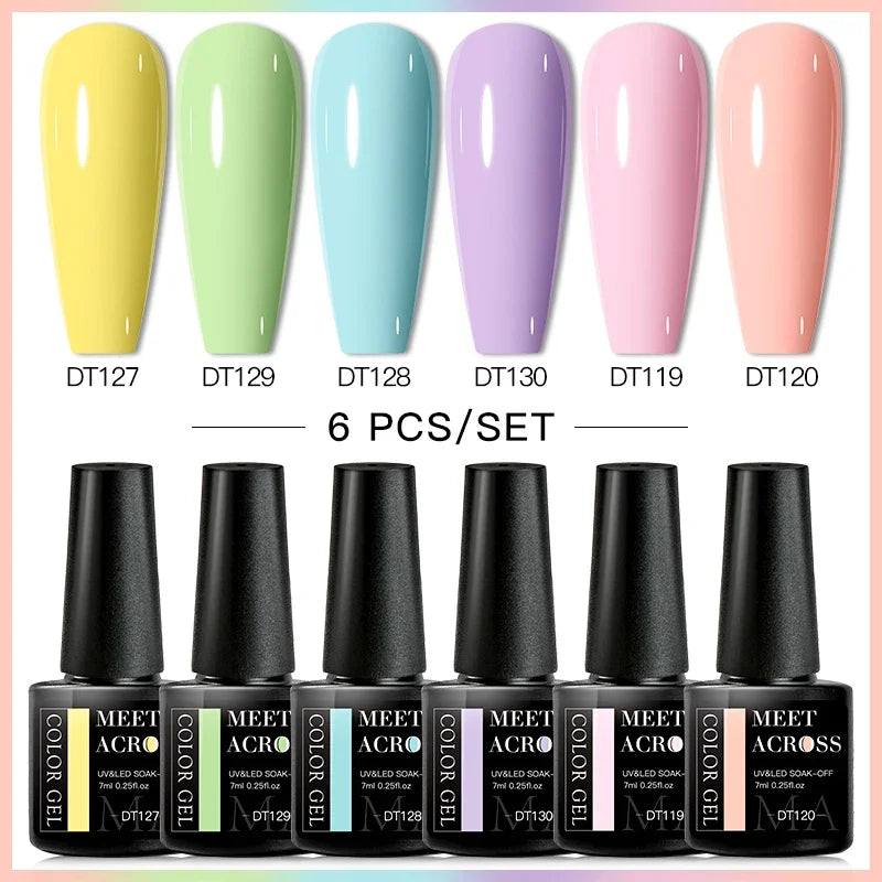 MEET ACROSS 6Pcs Gel Nail Polish Set Pink Red Green Macaron Color Manicure Kit For Nails UV Gel Nail Art Varnish Nail Supplies