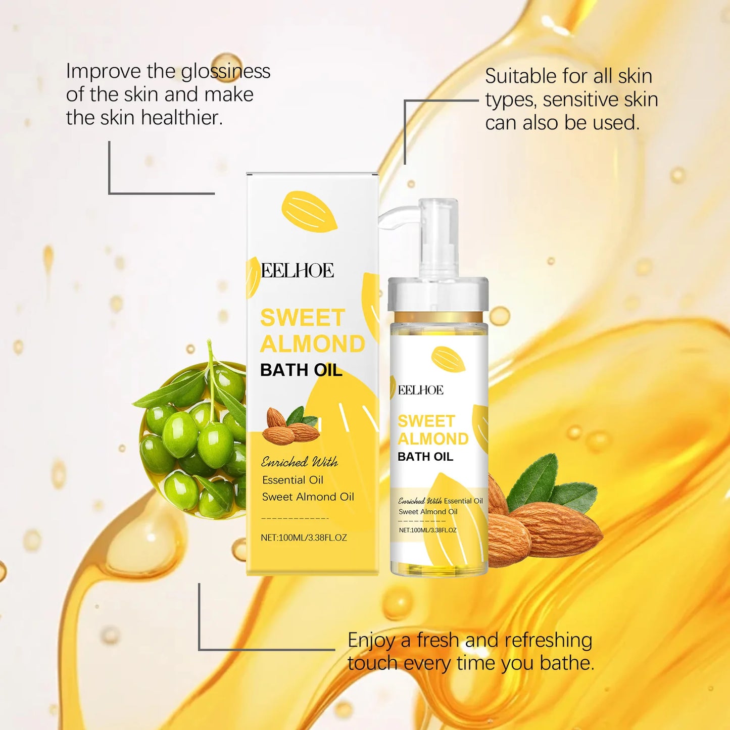 EELHOE Sweet Almond Oil for Bath Exfoliator Shower and Body Cleaning Brightening Skin Care Products Nourish Bath Essential Oil