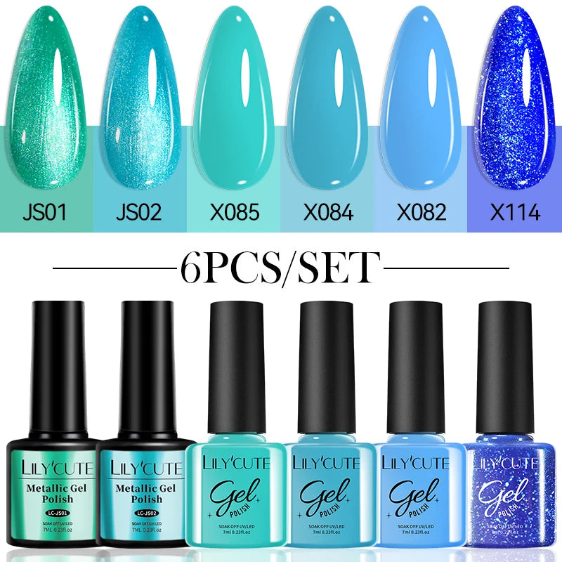 LILYCUE 6Pcs/Set Red Nude Glitter Gel Nail Polish Gorgeous Full Coverage Soak Off UV Gel Nail Art Base Top Coat Gel Polish Kits