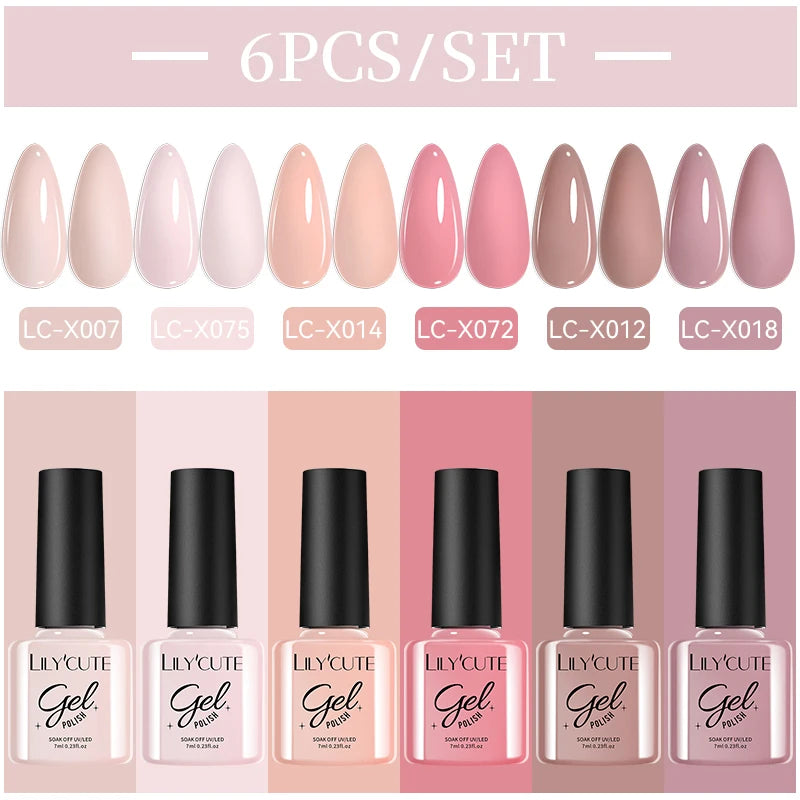 LILYCUE 6Pcs/Set Red Nude Glitter Gel Nail Polish Gorgeous Full Coverage Soak Off UV Gel Nail Art Base Top Coat Gel Polish Kits