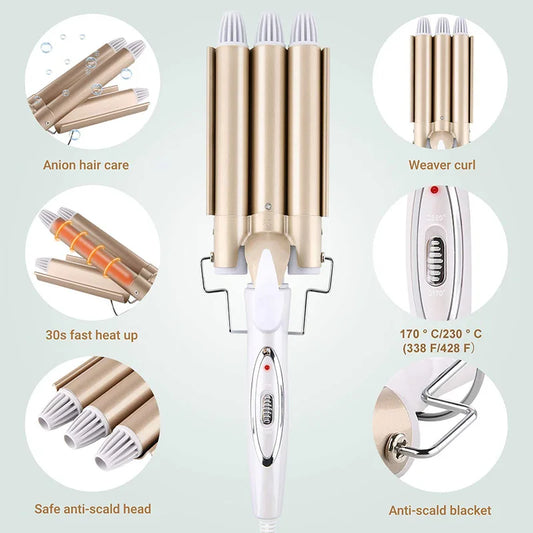 Professional Triple Barrel Hair Curling Iron Big Waver Styling Ceramic Coating PTC Fast Heating Hair Crimping Curler Tongs