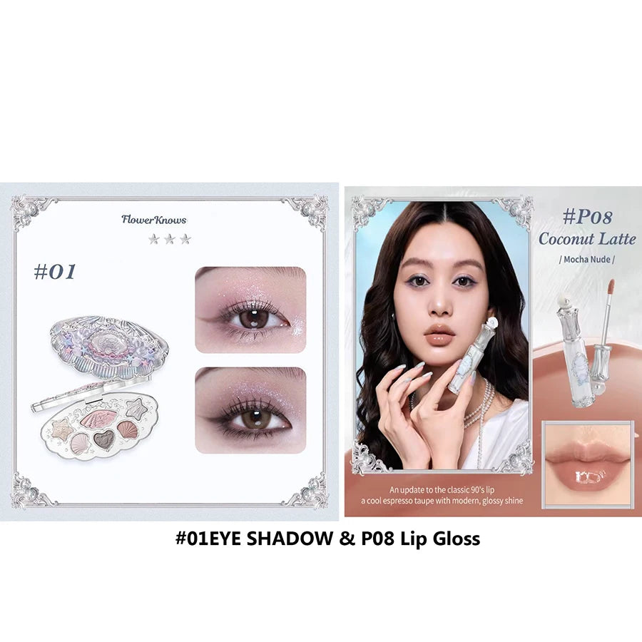 Flower Knows Shells Jewel Makeup Set for Women - Eyeshadow Blush Lip Glaze Full Kit - Gift Set