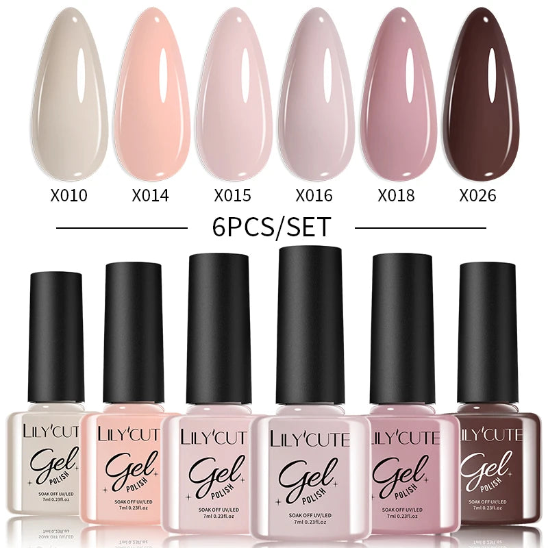 LILYCUE 6Pcs/Set Red Nude Glitter Gel Nail Polish Gorgeous Full Coverage Soak Off UV Gel Nail Art Base Top Coat Gel Polish Kits