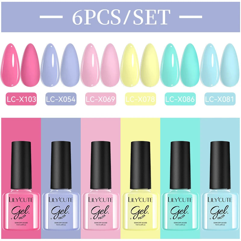 LILYCUE 6Pcs/Set Red Nude Glitter Gel Nail Polish Gorgeous Full Coverage Soak Off UV Gel Nail Art Base Top Coat Gel Polish Kits