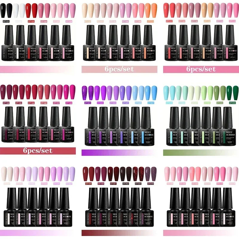 MEET ACROSS 6Pcs Gel Nail Polish Set Pink Red Green Macaron Color Manicure Kit For Nails UV Gel Nail Art Varnish Nail Supplies