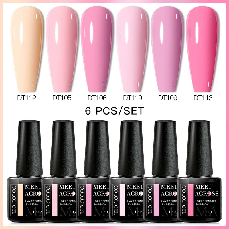 MEET ACROSS 6Pcs Gel Nail Polish Set Pink Red Green Macaron Color Manicure Kit For Nails UV Gel Nail Art Varnish Nail Supplies