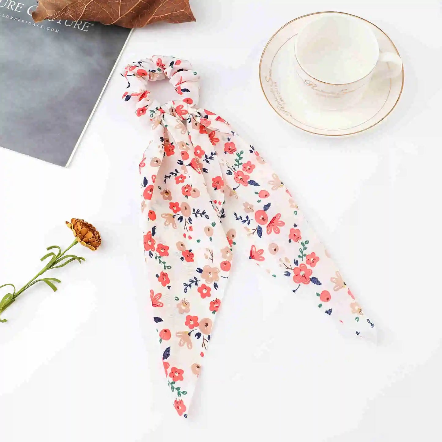 2023 Fashion Print Chiffon Long Ribbon Scrunchies Women Girls Ponytail Scarf Elastic Hair Bands Ties Hair Accessories Wholesale
