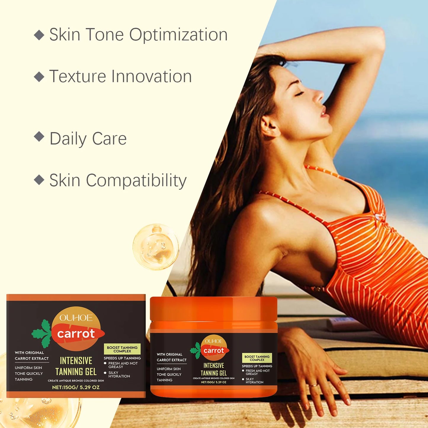 Carrot Tanning Gel Hydrating Lightweight Fast Absorbing Bronzing Gel Moisturizing Natural Sunless Tan Enhancer for Face & Body