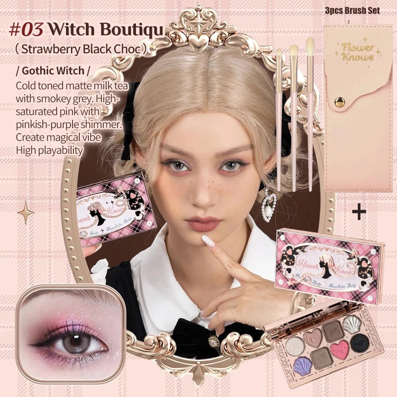 Flower Knows Chocolate Shop Highly Pigmented Eyeshadow Palette Shimmer Matte Glitter Long Lasting Vegan Eye Shadows Cruelty-free