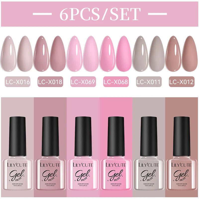 LILYCUE 6Pcs/Set Red Nude Glitter Gel Nail Polish Gorgeous Full Coverage Soak Off UV Gel Nail Art Base Top Coat Gel Polish Kits