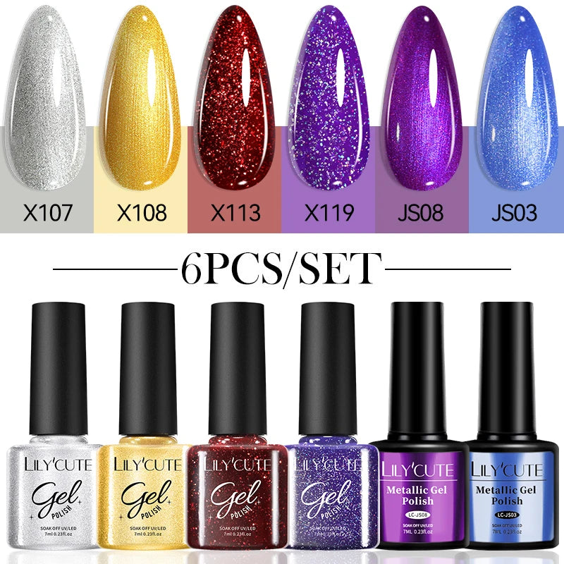 LILYCUE 6Pcs/Set Red Nude Glitter Gel Nail Polish Gorgeous Full Coverage Soak Off UV Gel Nail Art Base Top Coat Gel Polish Kits