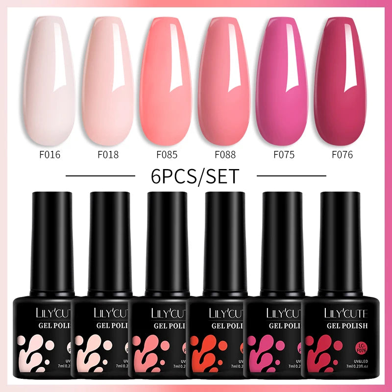 LILYCUE 6Pcs/Set Red Nude Glitter Gel Nail Polish Gorgeous Full Coverage Soak Off UV Gel Nail Art Base Top Coat Gel Polish Kits