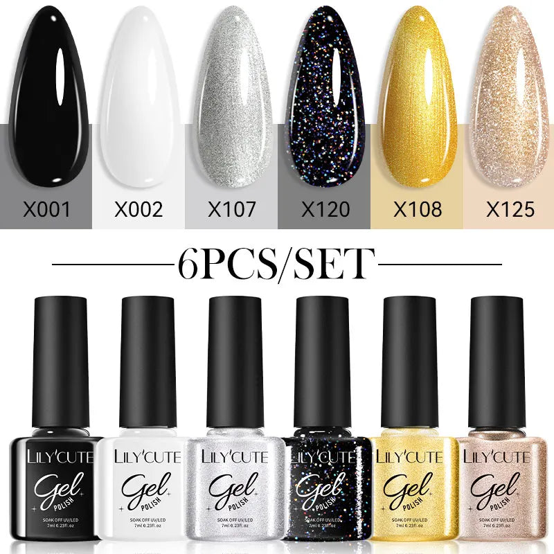 LILYCUE 6Pcs/Set Red Nude Glitter Gel Nail Polish Gorgeous Full Coverage Soak Off UV Gel Nail Art Base Top Coat Gel Polish Kits