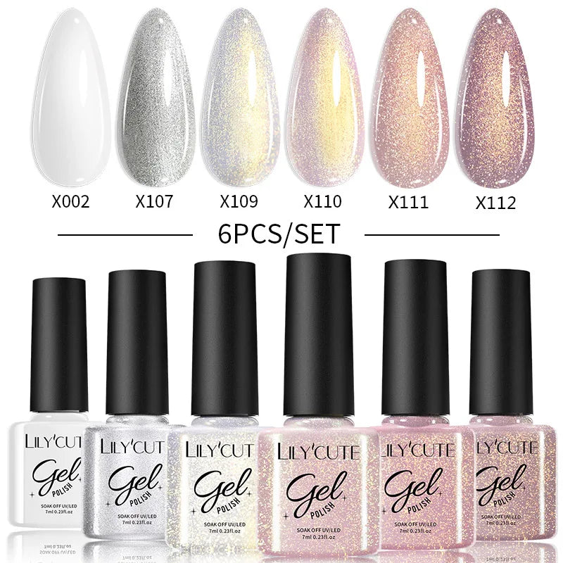 LILYCUE 6Pcs/Set Red Nude Glitter Gel Nail Polish Gorgeous Full Coverage Soak Off UV Gel Nail Art Base Top Coat Gel Polish Kits