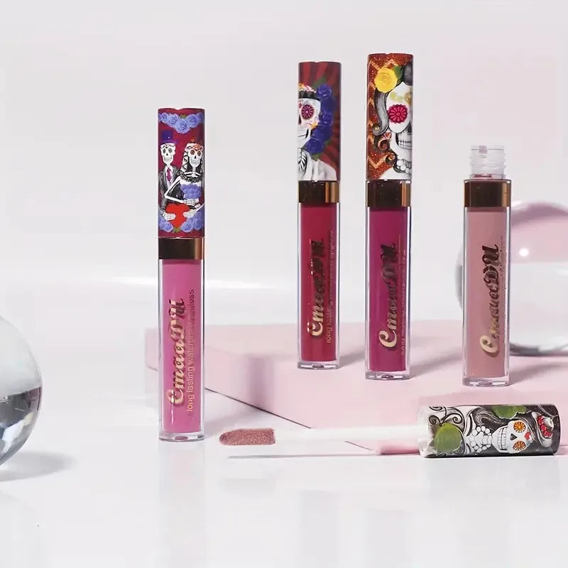 1pcs Matte Lip Gloss - Long-Lasting, Waterproof, Non-Fading, for All Skin Types - Vibrant Red Shades with Floral & Skull Designs