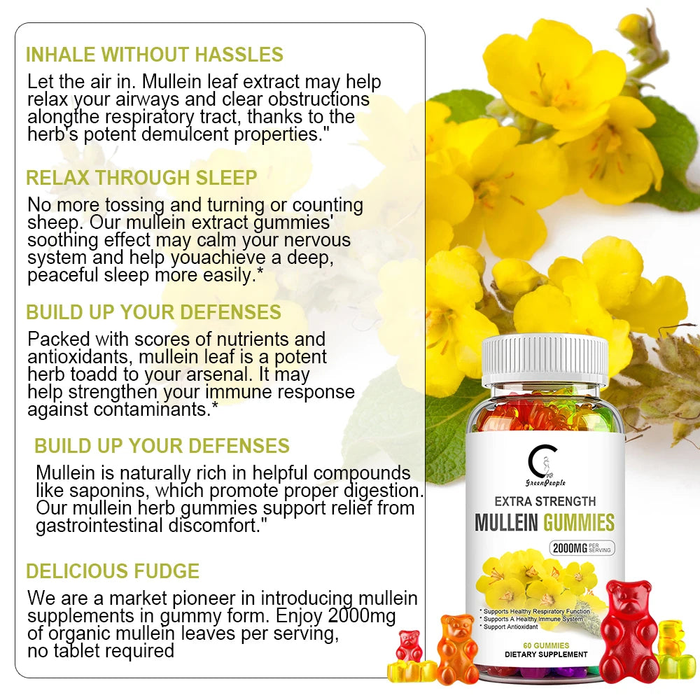 Mullein Gummies for Lung Cleanse, Extra Strength Mullein Leaf Extract, Deep Sleep Better Boost Immune System Iherbal Supplement
