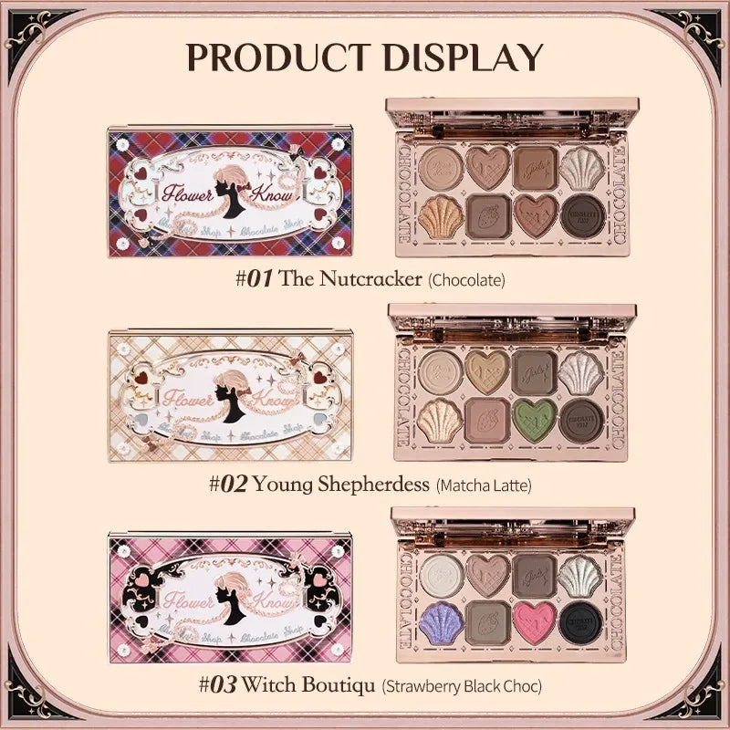Flower Knows Chocolate Shop Highly Pigmented Eyeshadow Palette Shimmer Matte Glitter Long Lasting Vegan Eye Shadows Cruelty-free