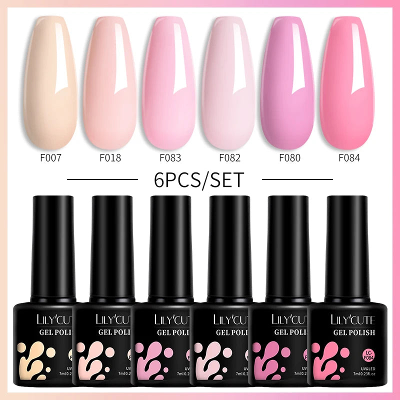 LILYCUE 6Pcs/Set Red Nude Glitter Gel Nail Polish Gorgeous Full Coverage Soak Off UV Gel Nail Art Base Top Coat Gel Polish Kits