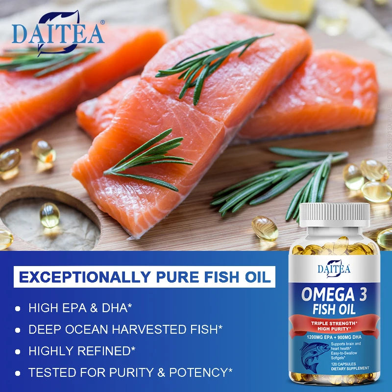 Daitea Omega 3 Fish Oil Capsules - for Nervous System, Skin and Hair Health, Antioxidants - Easy To Swallow