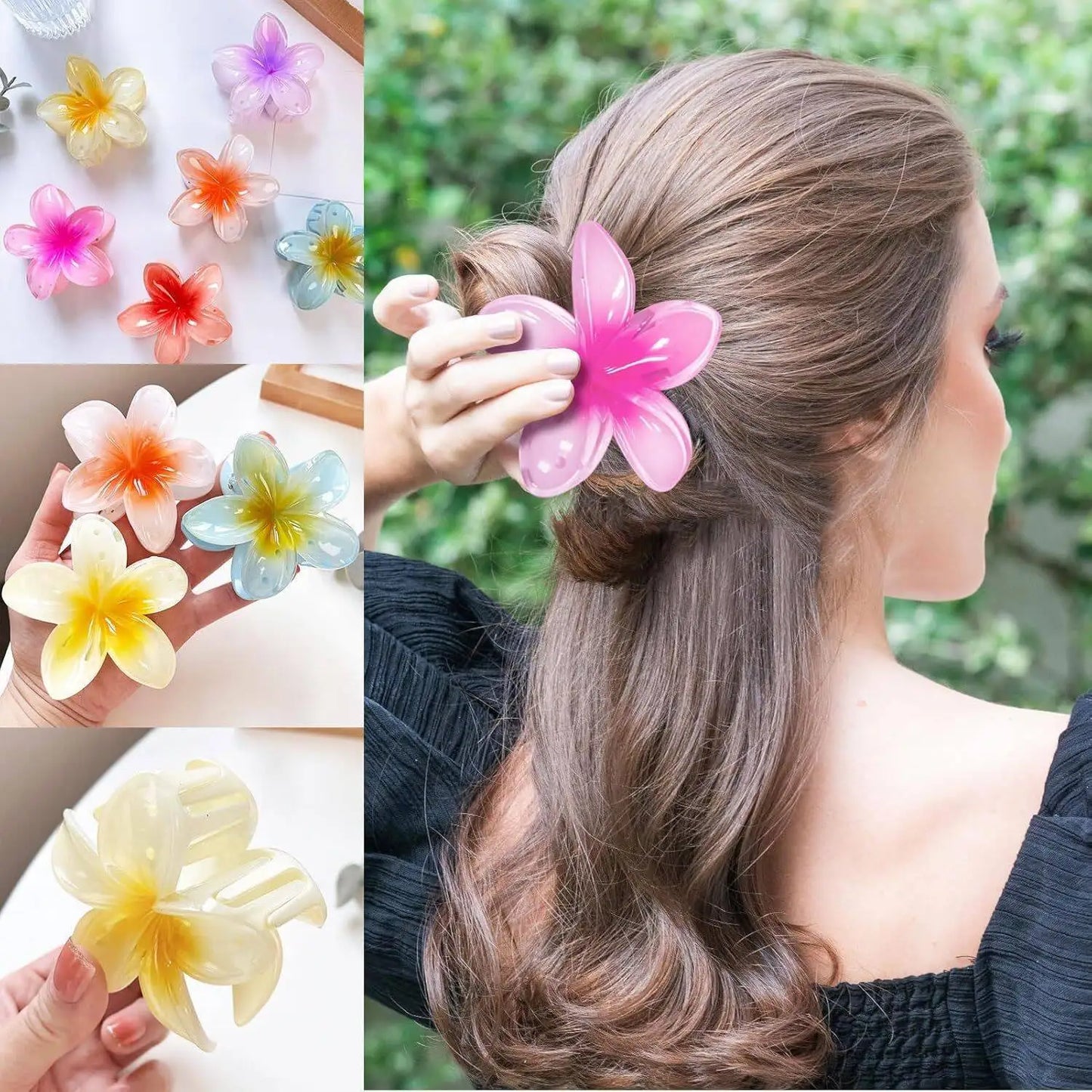 6-Pack Elegant Acrylic Plumeria Wer Claws, Large Colorful Hawaiian Hair Clips Women, Strong Grip For Weddings, Parties, Beach,