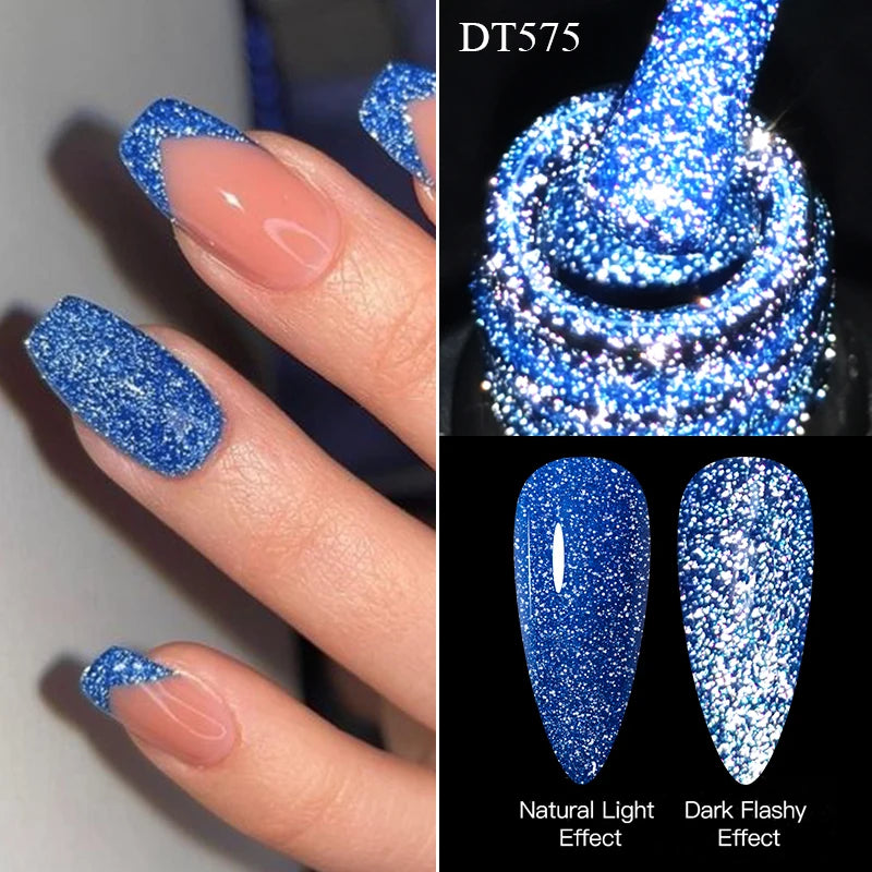 MEET ACROSS 7ml Pink Fluorescent Reflective Gel Nail Polish Glitter Neon Semi Permanent UV LED Gel Nail Art Varnish Manicure