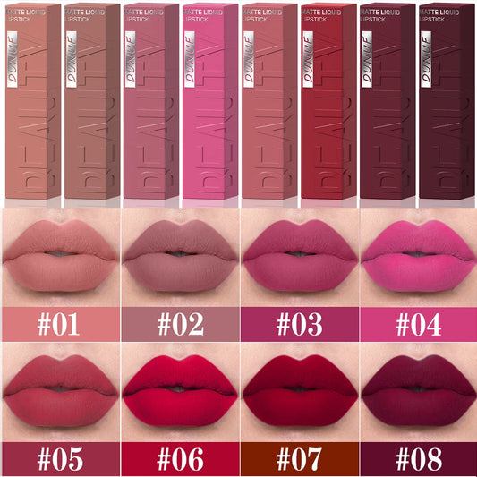 DUNUF 8-color matte velvet smooth easy-to-apply square tube lip gloss waterproof three-dimensional plumping lipstick