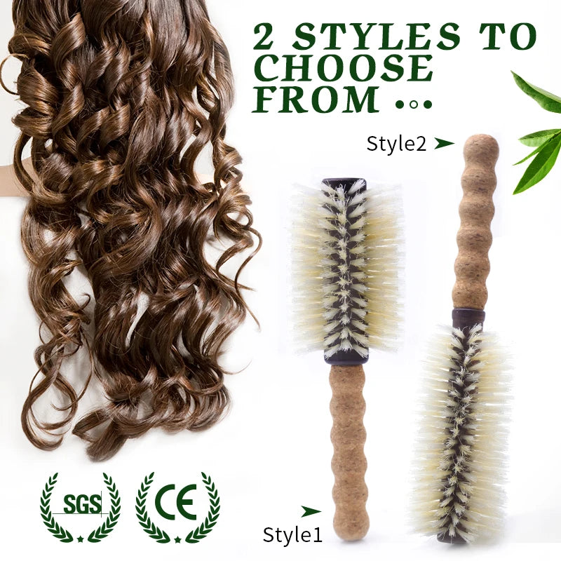 Personalized Boar Bristles Hair Brush Cork handle Round Barrel Hair Comb For Curling Anti Static Roller HairBrush Wood Combs