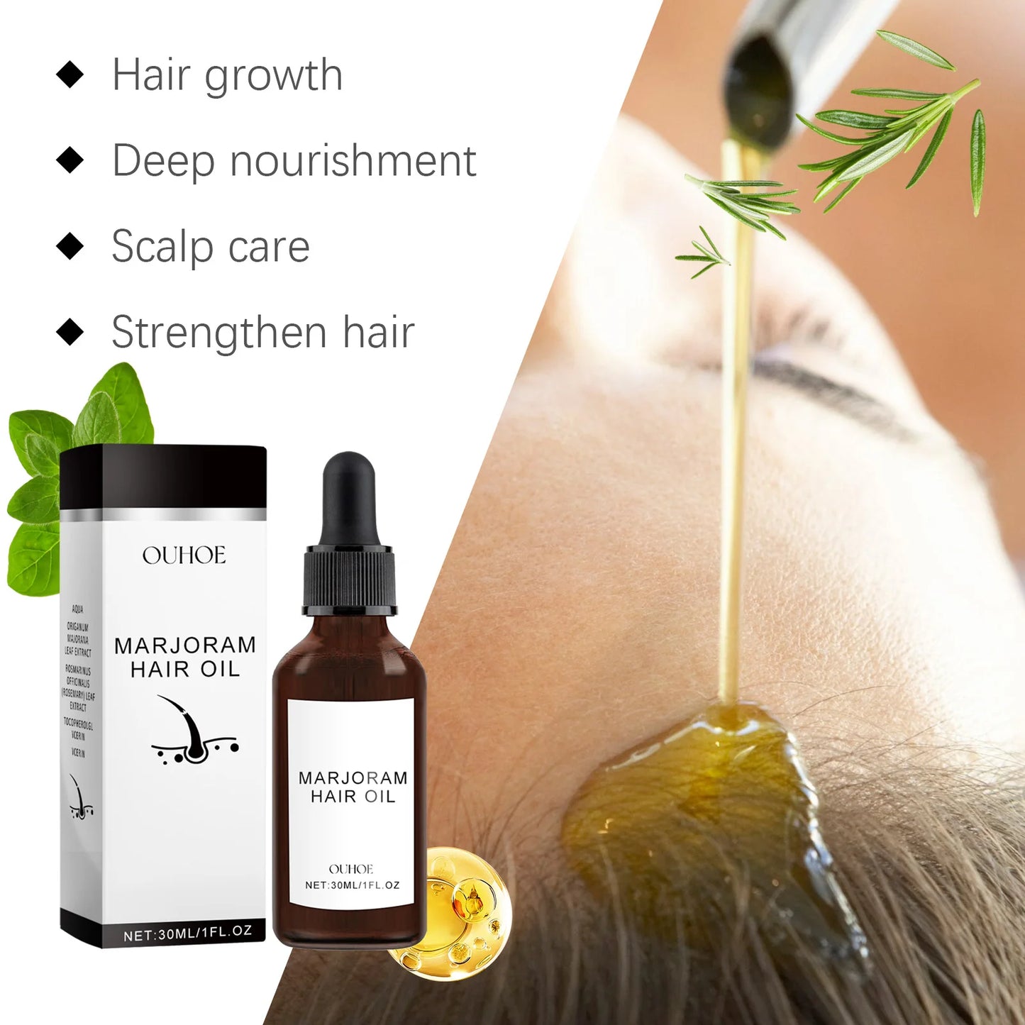 OUHOE Marjoram Hair Oil Deeply Nourish Stimulate Scalp and Promote Healthy Hair Growth Helps Reduce Hair Loss & Breakage