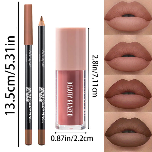 2pcs/Set Velvet Texture Lip Makeup,Matte Effect, Red, Brown Colors, Create a Moisturizing and Natural Lip Makeup