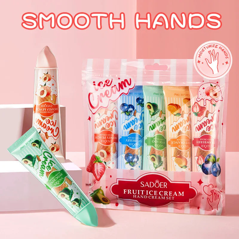 5pcs/set SADOER Fruit Ice Cream Hand Cream Moisturizing Nourishing Brightening Hydrating Hand Creams Hands Skin Care Products