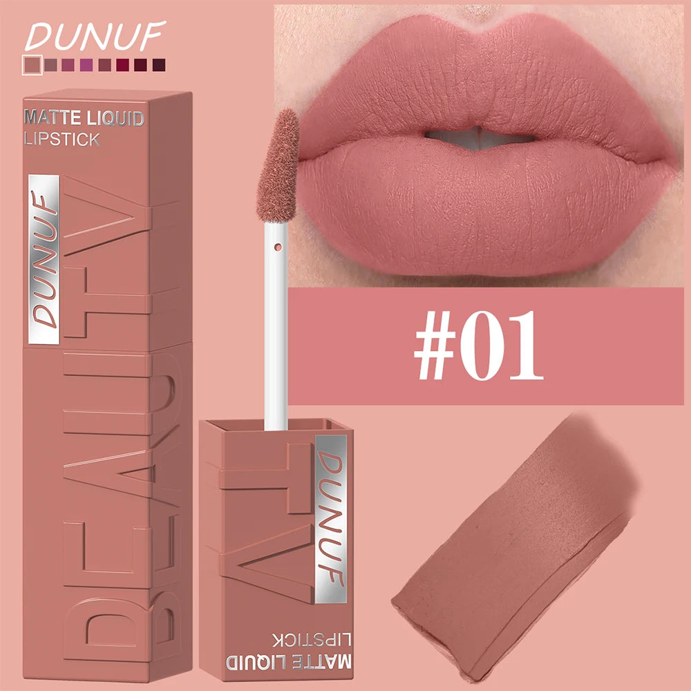 DUNUF 8-color matte velvet smooth easy-to-apply square tube lip gloss waterproof three-dimensional plumping lipstick