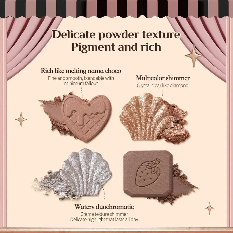 Flower Knows Chocolate Shop Highly Pigmented Eyeshadow Palette Shimmer Matte Glitter Long Lasting Vegan Eye Shadows Cruelty-free