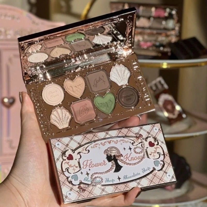 Flower Knows Chocolate Shop Highly Pigmented Eyeshadow Palette Shimmer Matte Glitter Long Lasting Vegan Eye Shadows Cruelty-free
