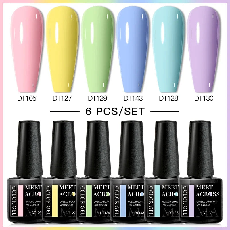 MEET ACROSS 6Pcs Gel Nail Polish Set Pink Red Green Macaron Color Manicure Kit For Nails UV Gel Nail Art Varnish Nail Supplies
