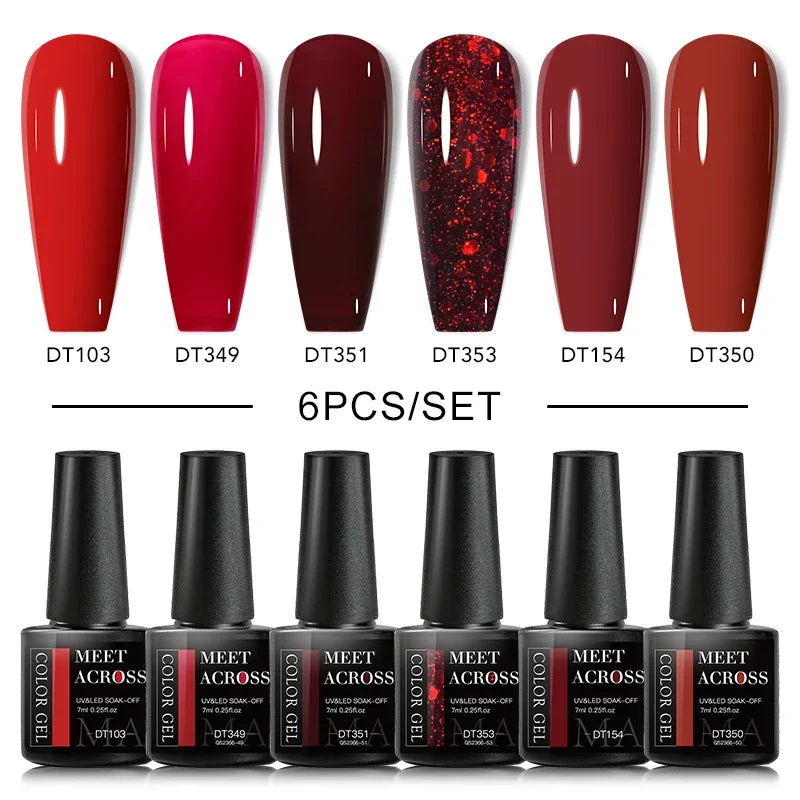 MEET ACROSS 6Pcs Gel Nail Polish Set Pink Red Green Macaron Color Manicure Kit For Nails UV Gel Nail Art Varnish Nail Supplies