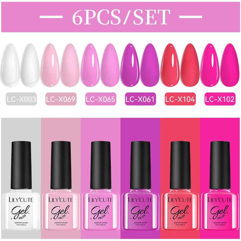 LILYCUE 6Pcs/Set Red Nude Glitter Gel Nail Polish Gorgeous Full Coverage Soak Off UV Gel Nail Art Base Top Coat Gel Polish Kits