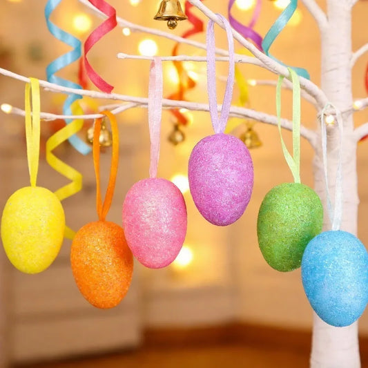 Easter Colorful Foam Eggs with Ropes Multicolors Glitter Simulation Eggs DIY Happy Easter Tree Hanging Pendants Party Decoration