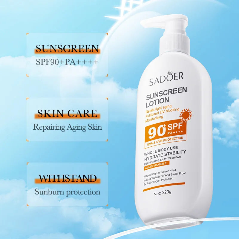 Super 220ml Vitamin E Body And Face Sunscreen Lotion SPF 90 PA++++Whole Body Use Protect + Hydrate Moisturizing