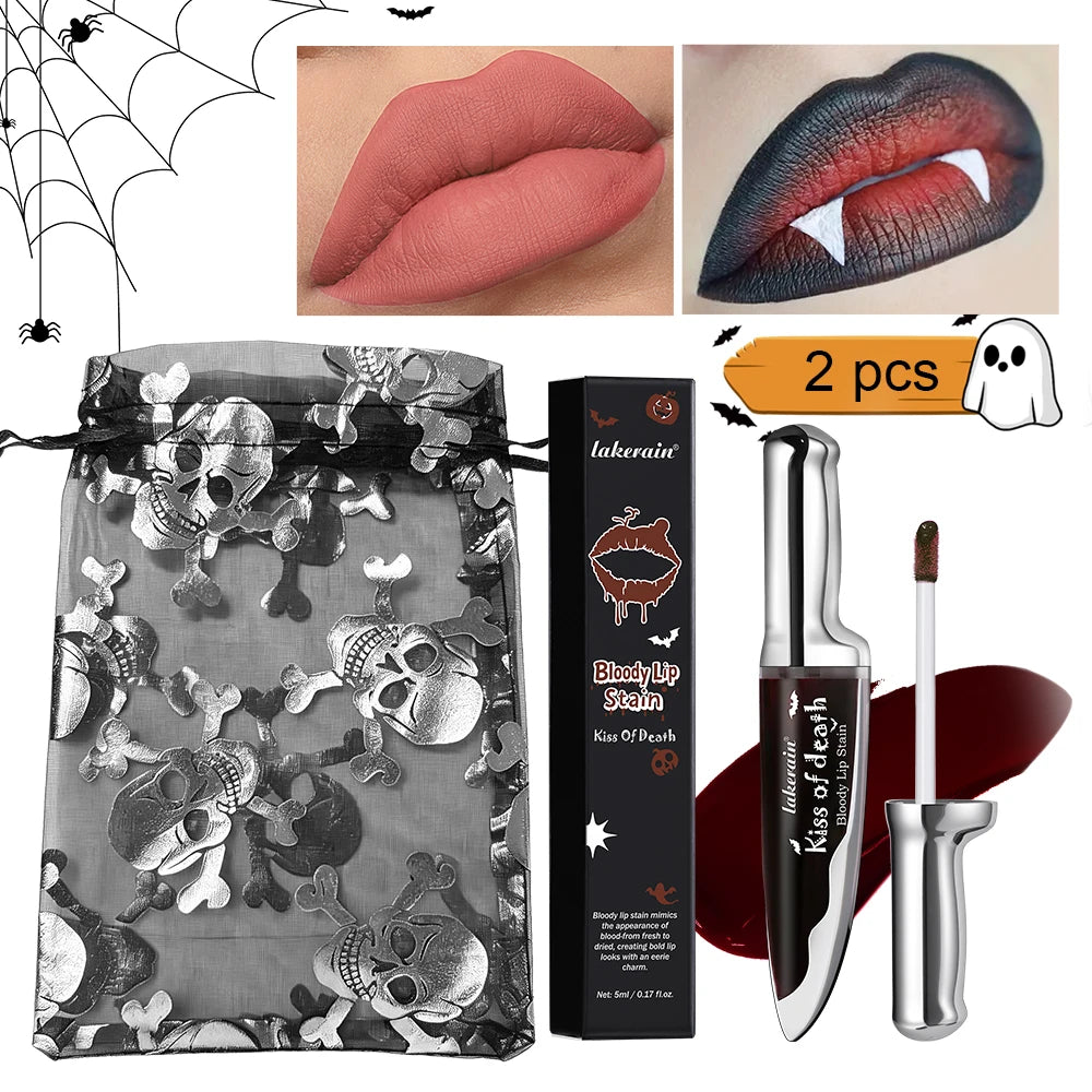 2Pcs Matte Bloody Lip Stain Long-Lasting Water-Resistant Liquid Lipstick Gothic Vampire Halloween Party Lip Tint Cosmetics