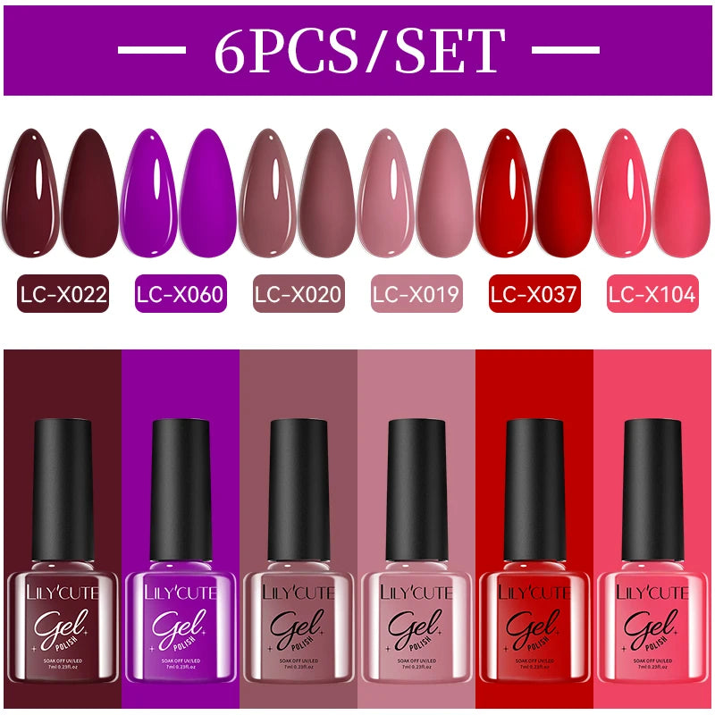 LILYCUE 6Pcs/Set Red Nude Glitter Gel Nail Polish Gorgeous Full Coverage Soak Off UV Gel Nail Art Base Top Coat Gel Polish Kits