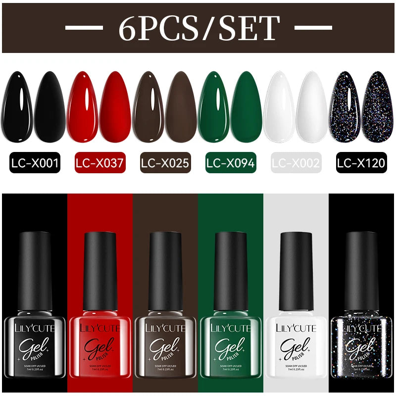 LILYCUE 6Pcs/Set Red Nude Glitter Gel Nail Polish Gorgeous Full Coverage Soak Off UV Gel Nail Art Base Top Coat Gel Polish Kits