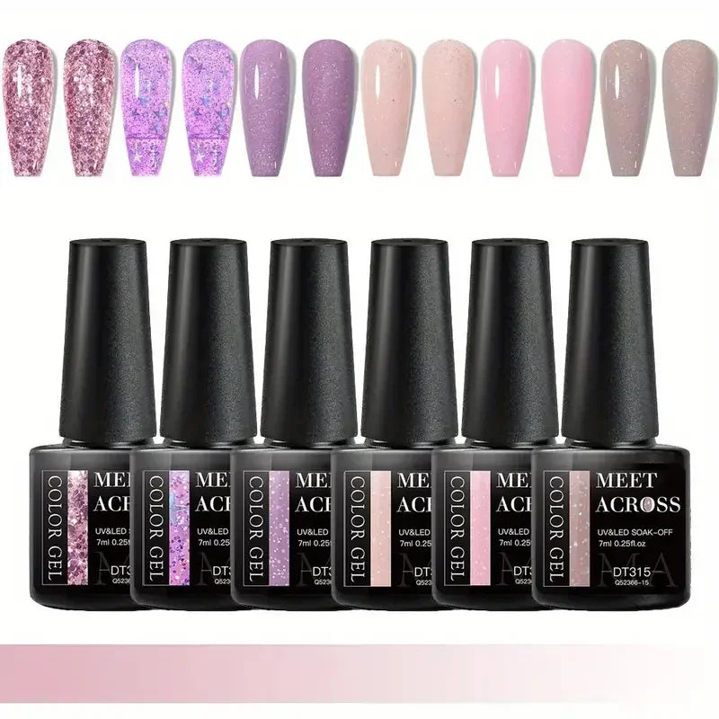 MEET ACROSS 6Pcs Gel Nail Polish Set Pink Red Green Macaron Color Manicure Kit For Nails UV Gel Nail Art Varnish Nail Supplies