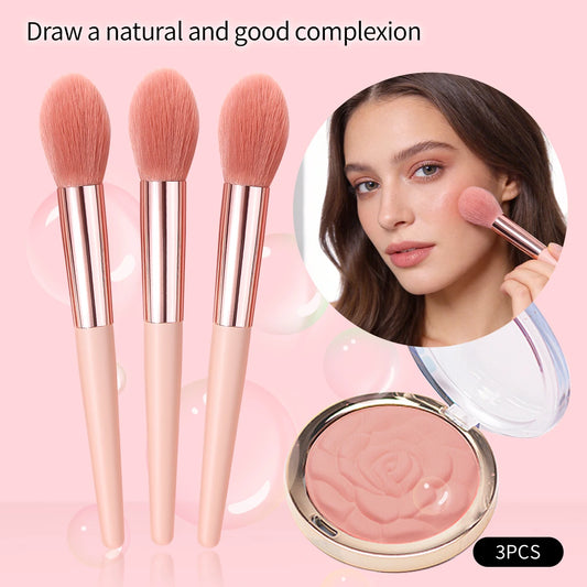 3 pieces of soft fiber makeup brushes: blush brush, powder brush, contour brush and contouring brush, all for makeup application