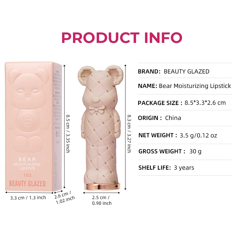 Beauty Glazed Bear Moisturizing Lipstick – Colored Lip Balm, Nourishing Lipstick, Easy-to-Apply Watery Lip Makeup