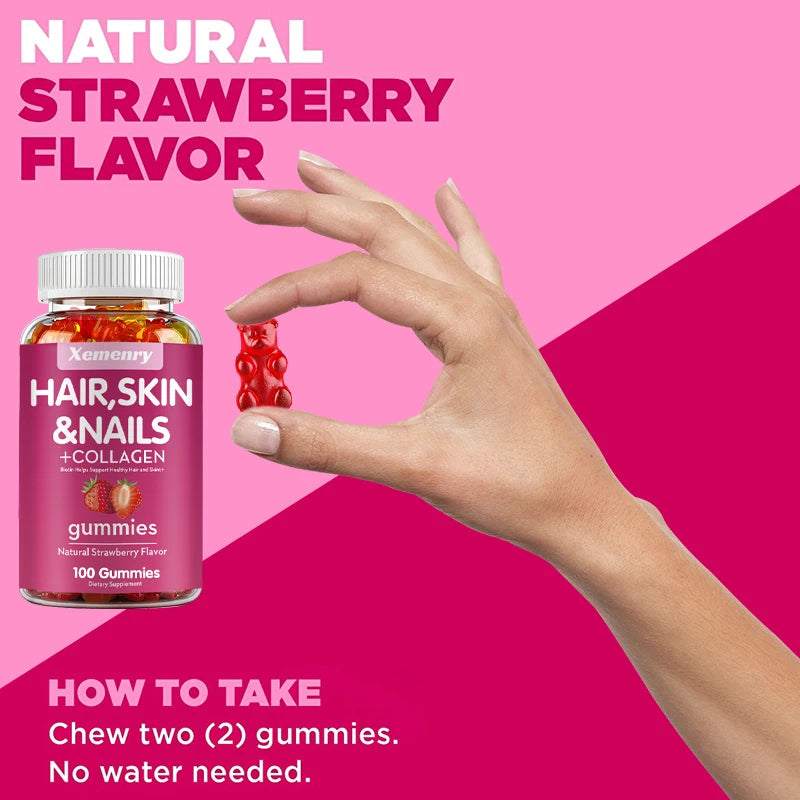 Natural Biotin Gummies - Supports Hair, Skin, Nails & Collagen, Dietary Supplement, Antioxidant - 100 Gummies