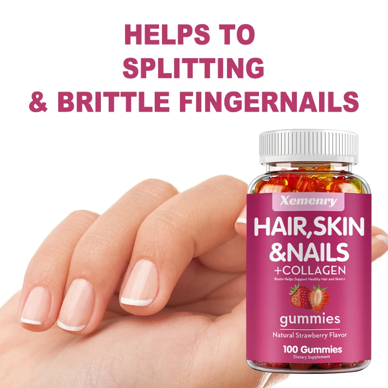 Natural Biotin Gummies - Supports Hair, Skin, Nails & Collagen, Dietary Supplement, Antioxidant - 100 Gummies