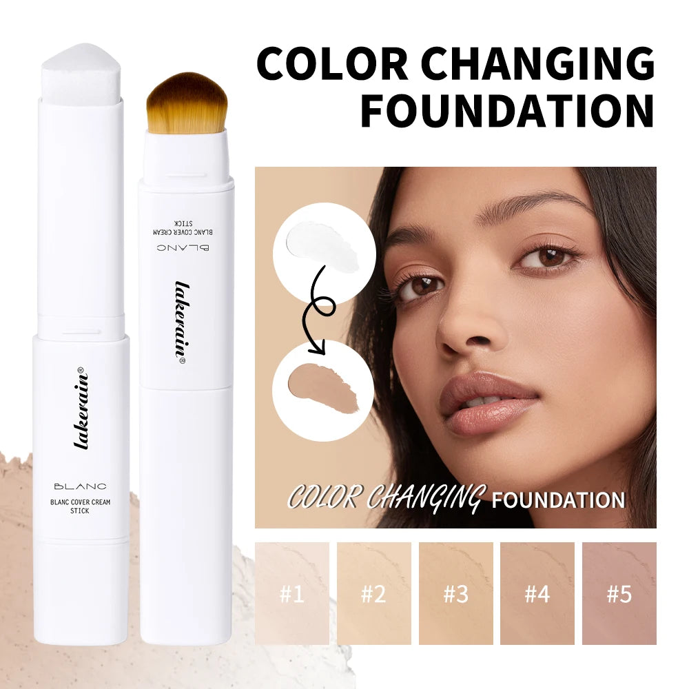 Lakerain Color Changing Foundation Stick Full Coverage Matte Finish Dual-Ended Brush & Stick Waterproof Smooth Foundation Makeup