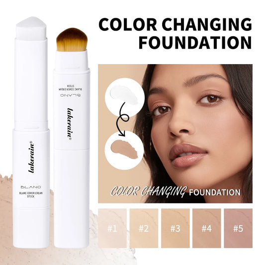 Lakerain Color Changing Foundation Stick Full Coverage Matte Finish Dual-Ended Brush & Stick Waterproof Smooth Foundation Makeup